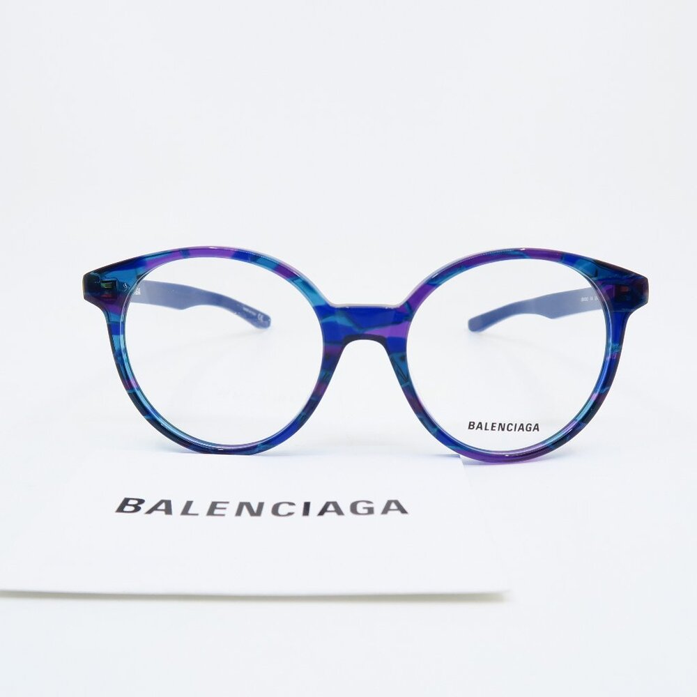Balenciaga BB0030O 004 52mm Blue Marble, Round New Unisex Eyeglasses Frames.